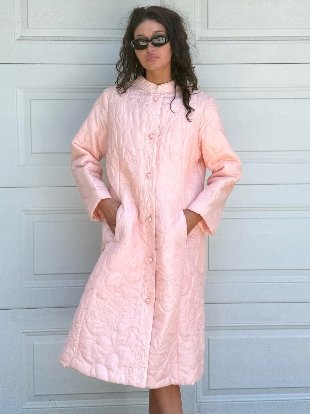 Vintage 60s Ballet Pink Butterfly Quilted Robe Dressing Gown Long Coat Duster